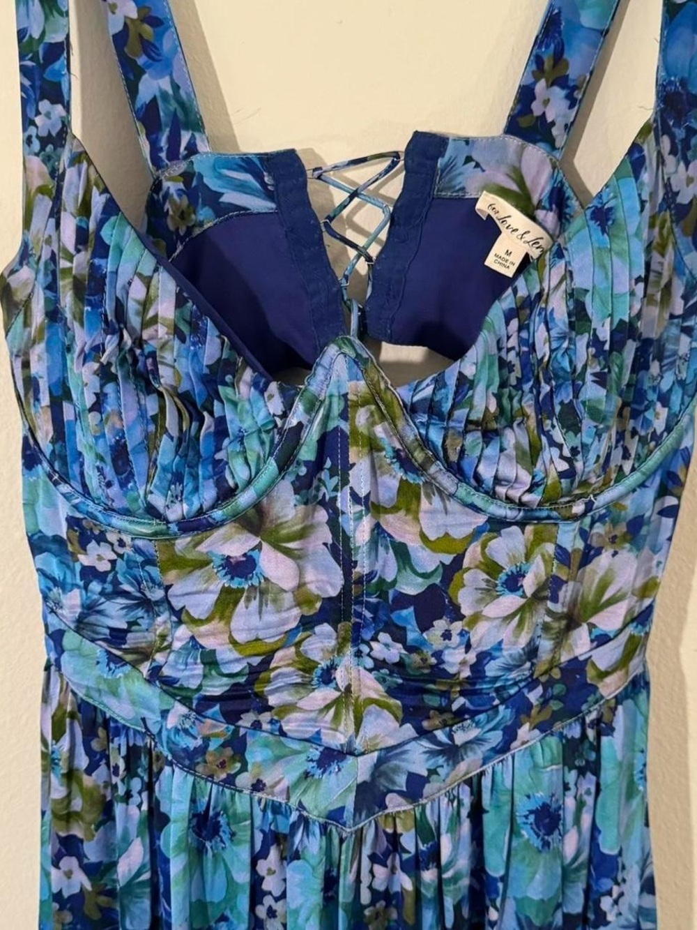 For Love & Lemons Blue Floral Midi Dress with Lace-Up Back
